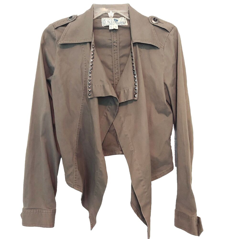 JOLT Waterfall Jacket Size Medium Army Green Studs Coat Hi Low Open Front
